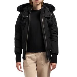 Moose Knuckles Beaver Fox Fur Hooded Down Bomber Jacket Black Size Small